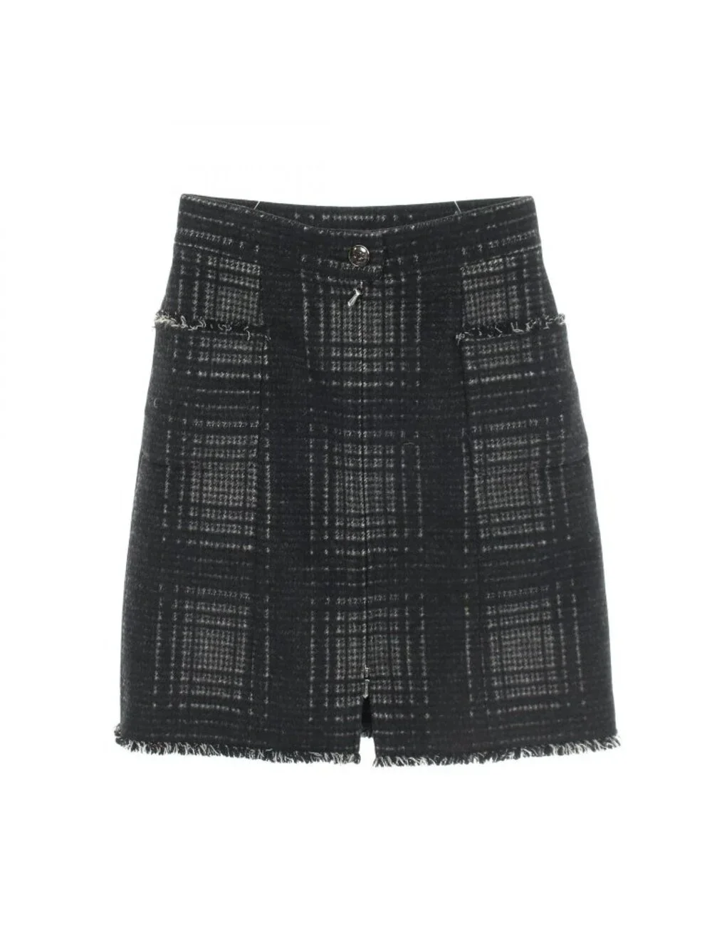 Chanel Skirt CC Logo Button Plaid Black Wool Check